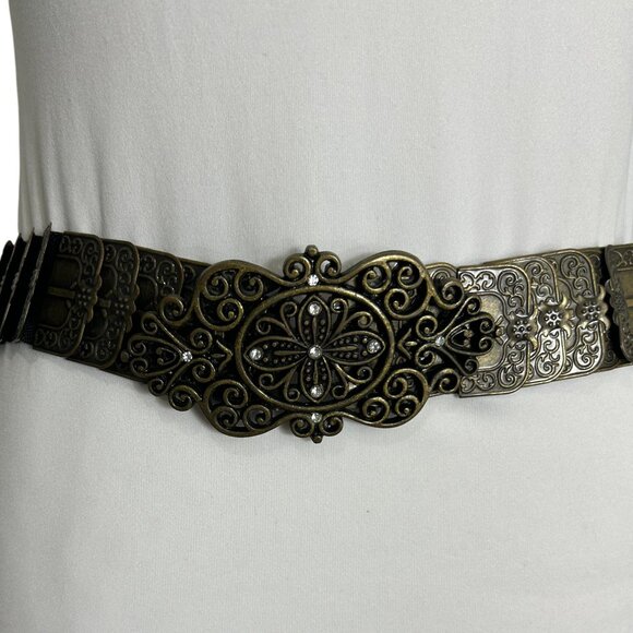 Vtg Steampunk Metal Brass Tone Elastic Belt Ornate Buckle Rhinestones Y2K - Picture 1 of 9